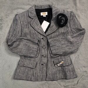 NWT Talbots Black White Tweed Blazer Jacket Rose Brooch Womens Size 4